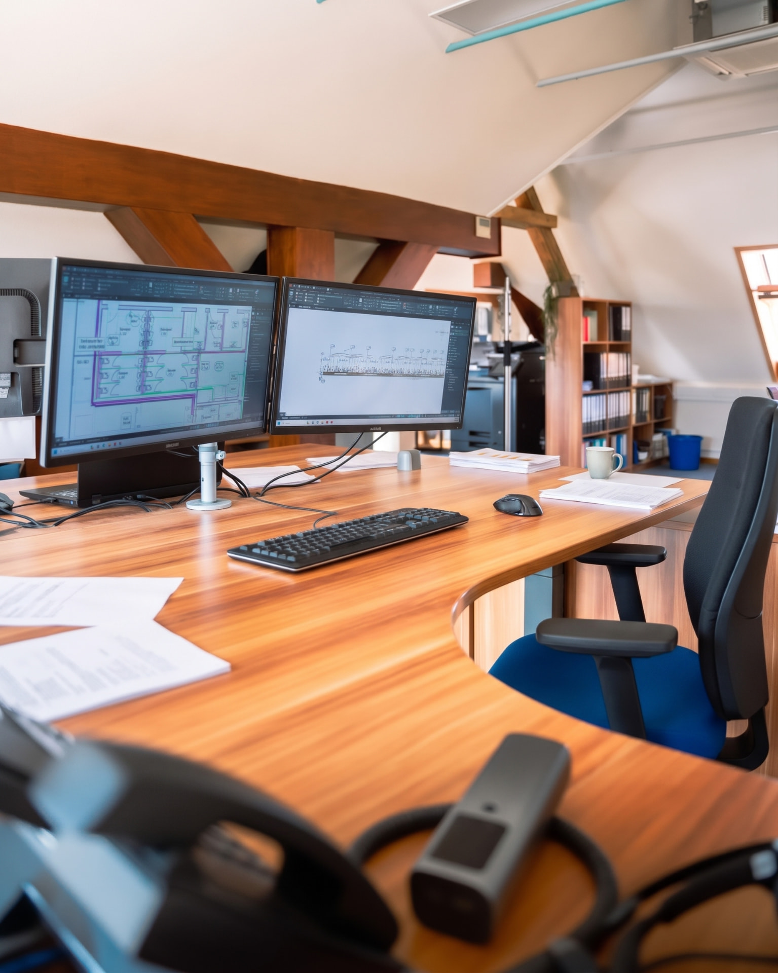 Arbeitsplatz mit zwei Monitoren und Planungssoftware im Büro